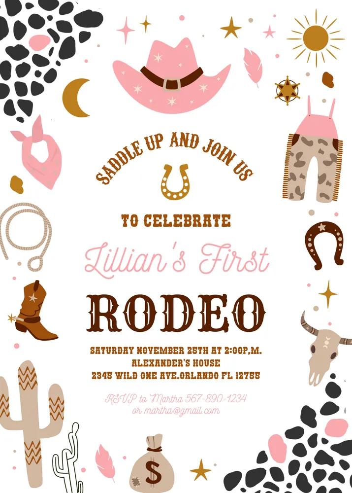 Editable My First Rodeo Invitation | Wild West Cowgirl 1st Birthday Canva