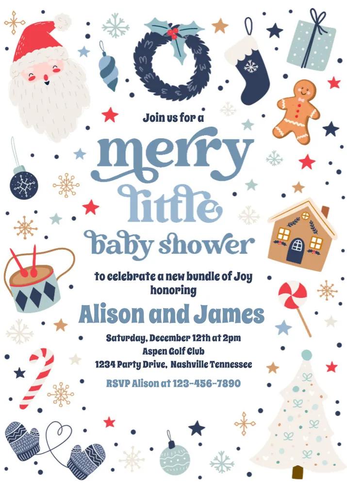 Red & Blue Merry Little Christmas Baby Shower Invite Canva Template