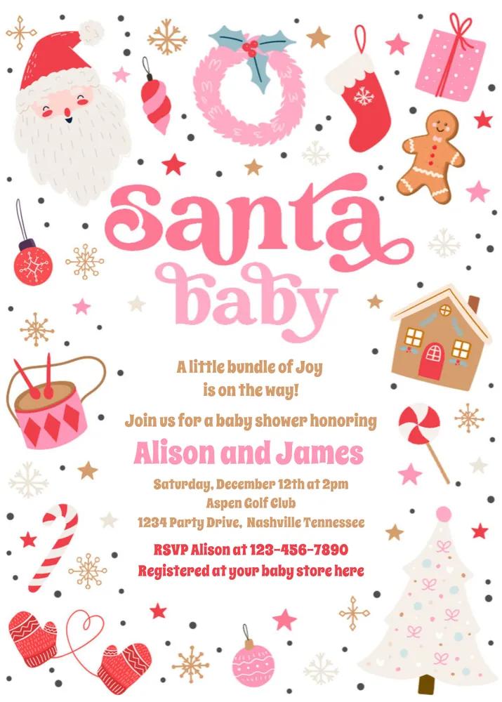 Santa Baby Shower Invitation | Pink Red Christmas Canva Template | Editable