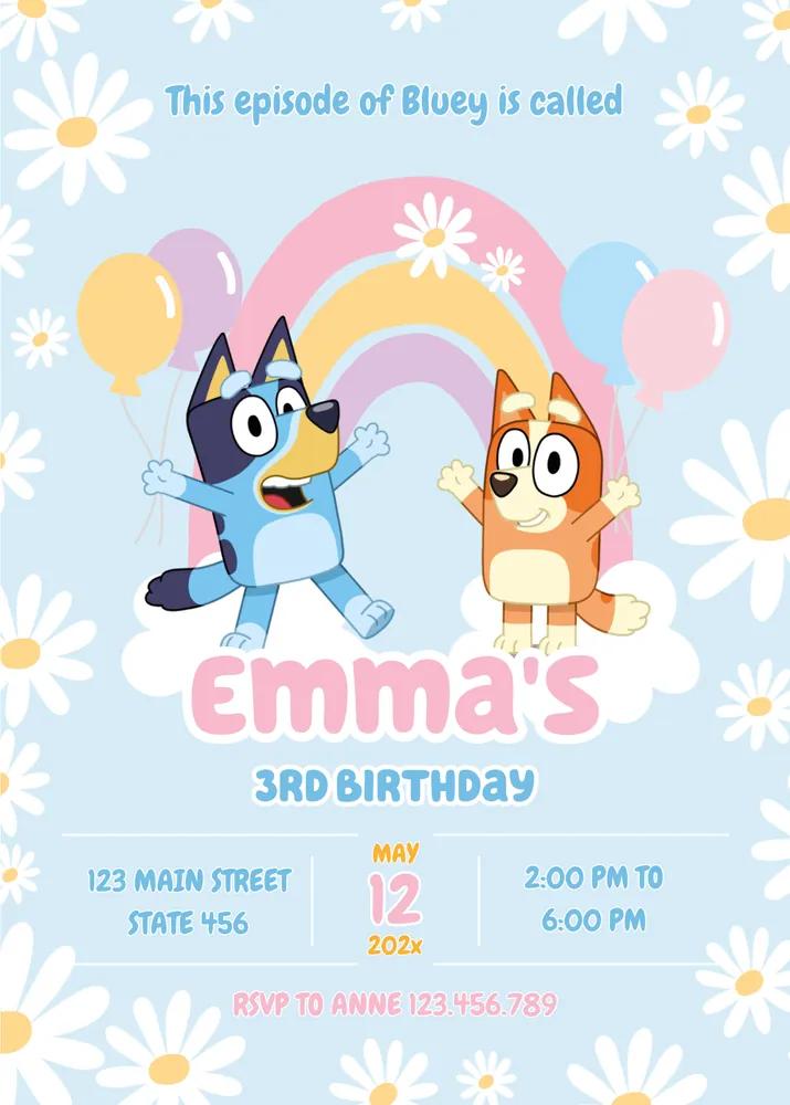 Editable Bluey and Bingo Rainbow Girl Birthday Party Invite Canva Template