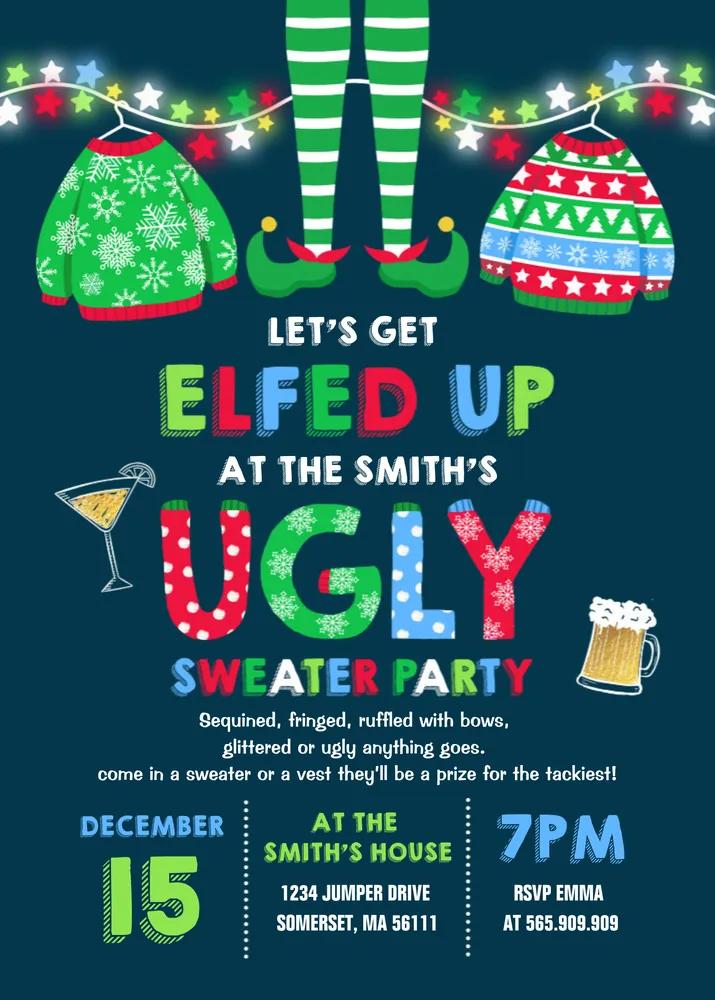 Ugly Sweater Party Invitation - Elfed Up Christmas Canva Template DIY