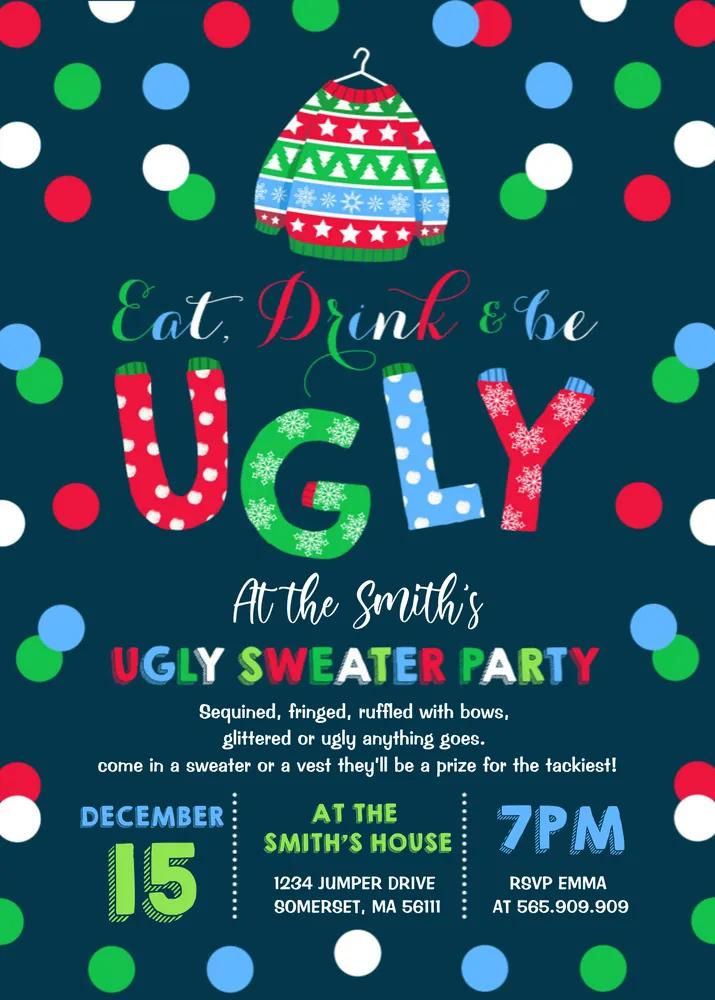 Ugly Sweater Party Invitation Template - Editable Canva Eat Drink & Be Ugly
