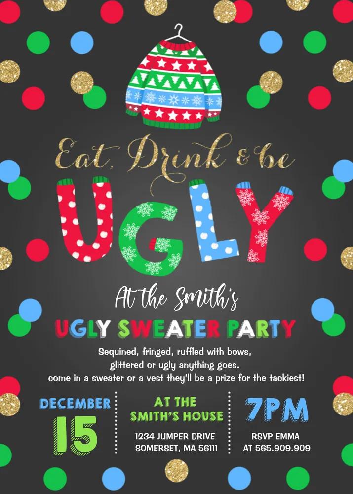 Ugly Sweater Party Invitation Canva Template - Eat Drink & Be Ugly Invite