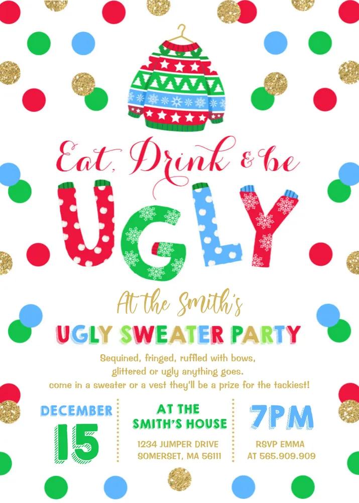 Ugly Sweater Party Invitation Canva Template | Eat Drink & Be Ugly Invite