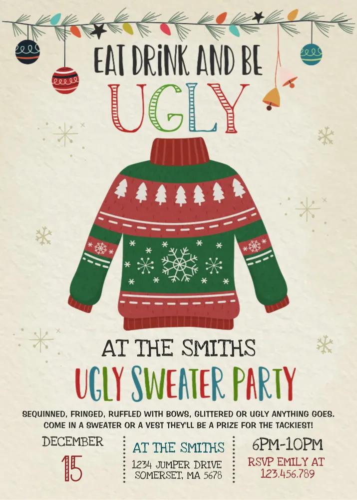 Ugly Sweater Party Invite | Eat Drink & Be Ugly Canva Template | Editable DIY