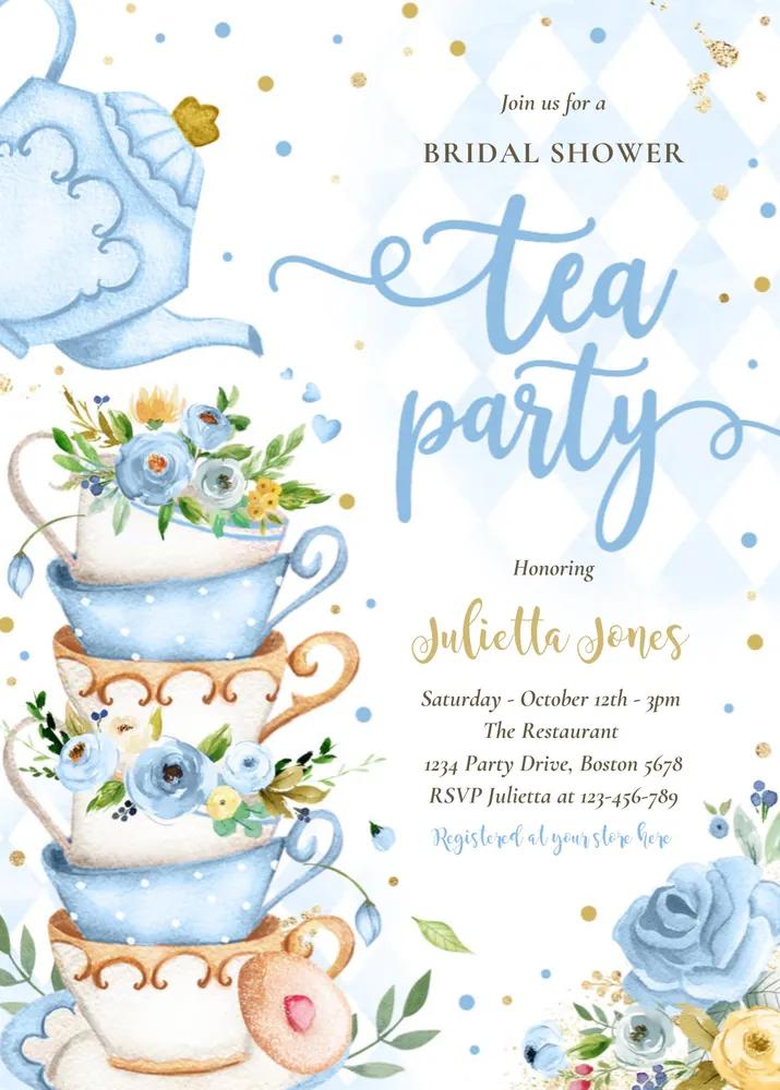 Bridal Shower Tea Party Invitation, Blue and Gold Floral Canva Template