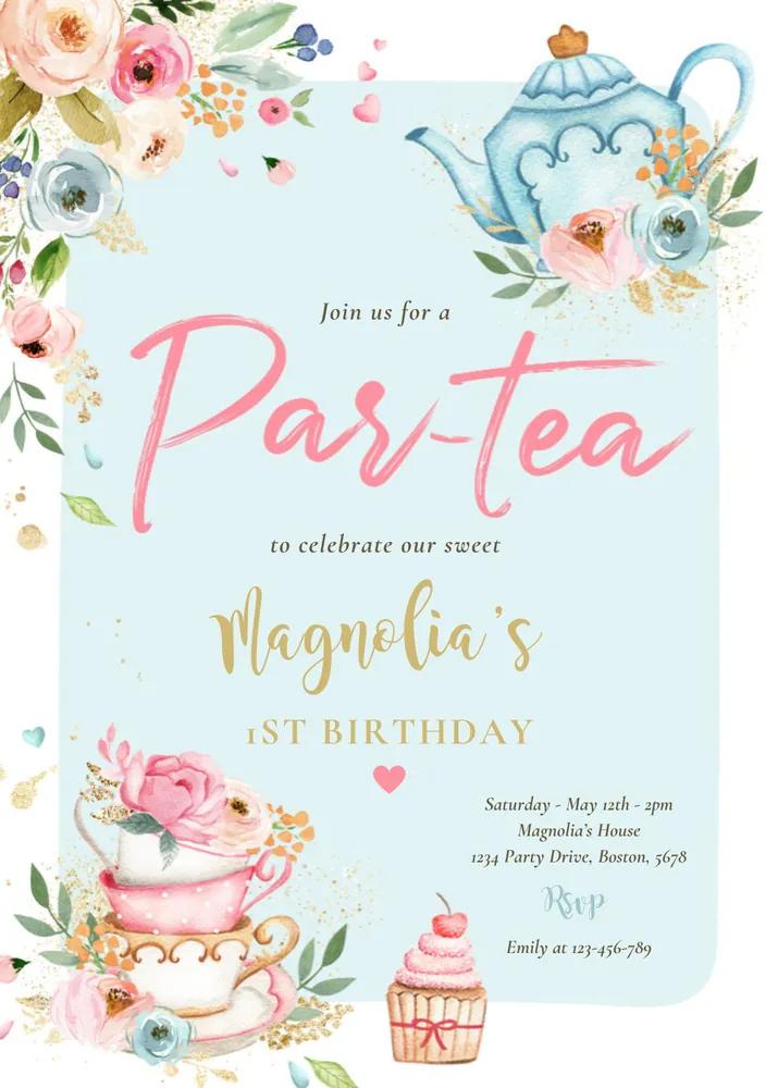 Pink & Gold Floral Tea Party Birthday Invitation Canva Template