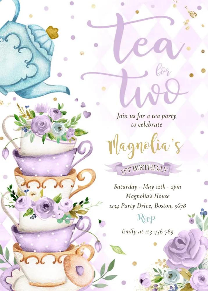Purple Floral Tea For Two Birthday Party Invitation | Editable Canva Template
