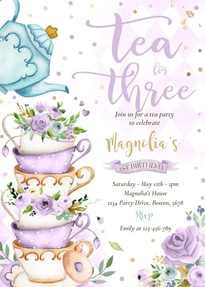 Purple Floral Tea For Three Birthday Invitation Canva Template