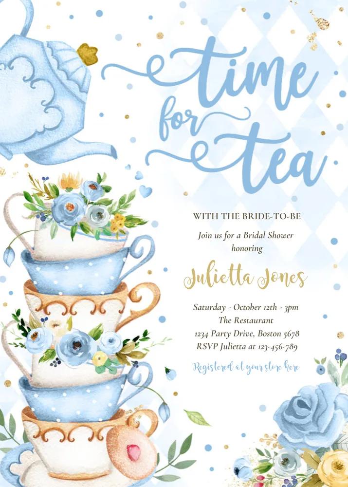 Bridal Shower Tea Party Invitation Blue and Gold Floral Canva Template