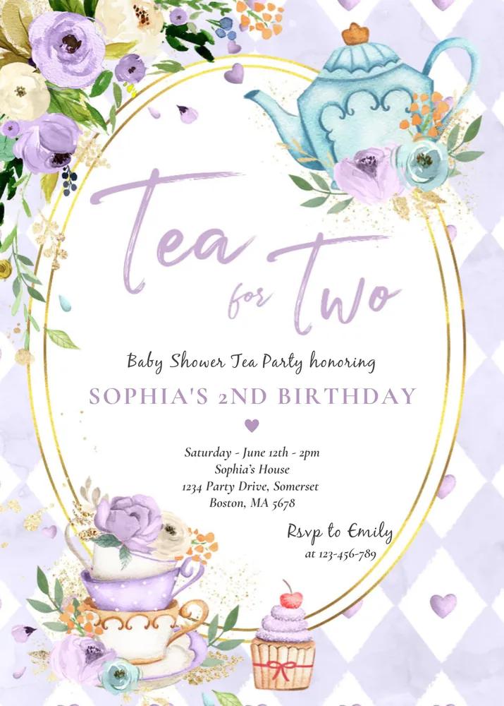 Tea For Two Birthday Invitation Lilac Gold Floral Canva Template Editable