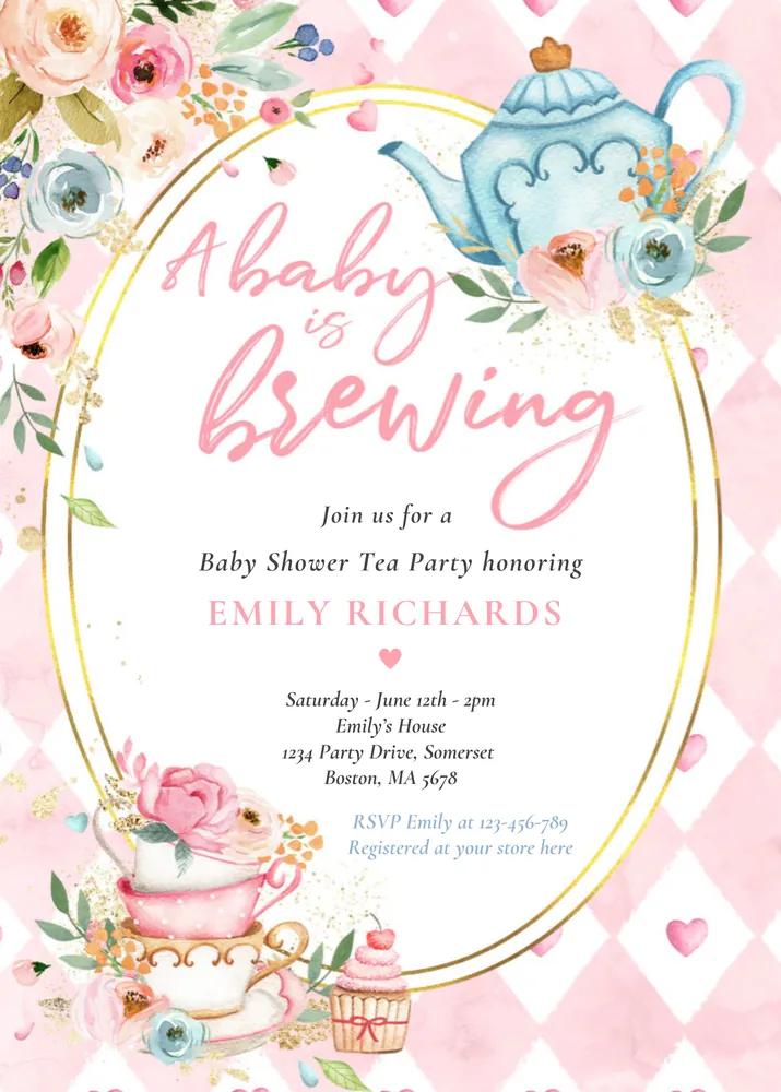 A Baby Is Brewing Tea Party Baby Shower Invitation Pink Roses Canva Template