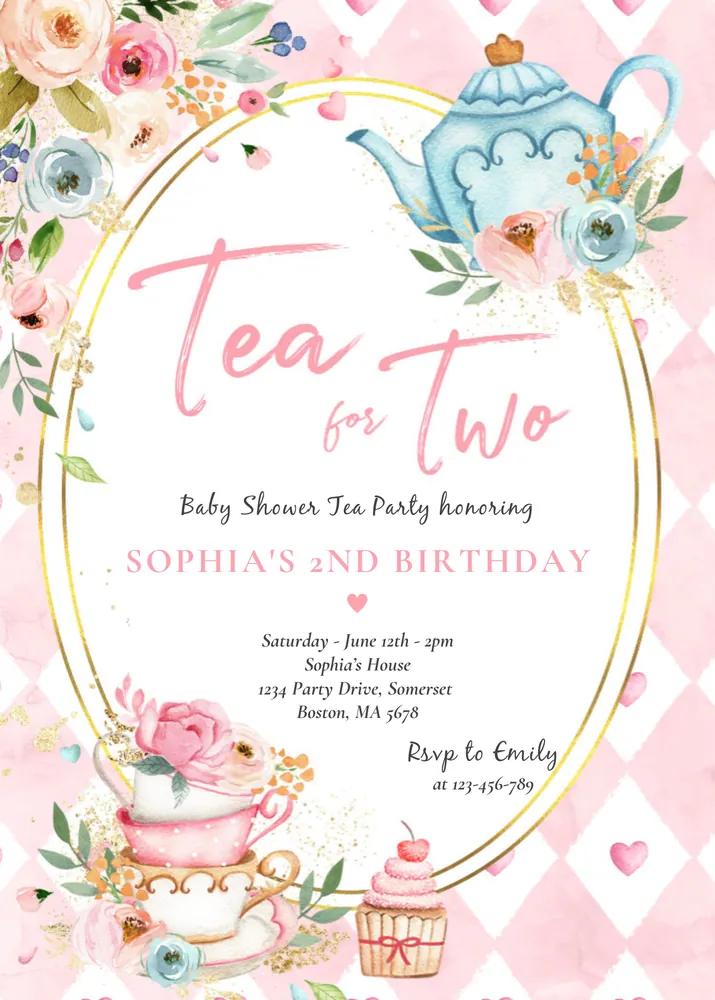 Tea For Two Birthday Invitation | Pink and Gold Floral Canva Template