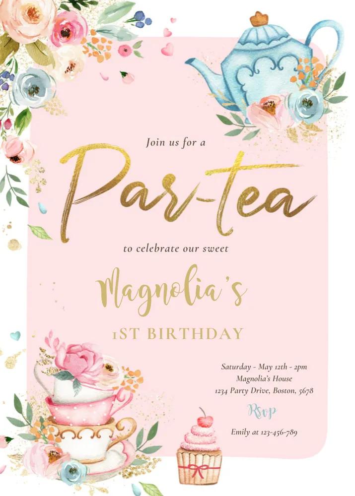 Tea Party Birthday Invitation Girl Pink Gold Floral Par-tea Canva Template