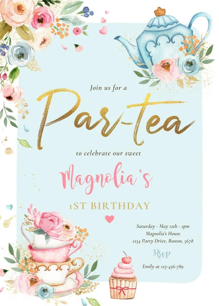 Pink & Gold Floral Tea Party Birthday Invitation Canva Template - Editable