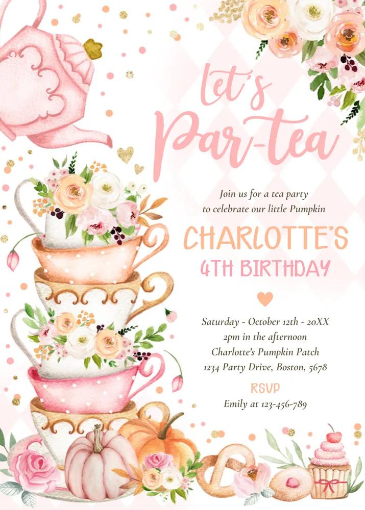 Autumn Pumpkin Tea Party Birthday Invitation Template - Floral Fall Par-tea