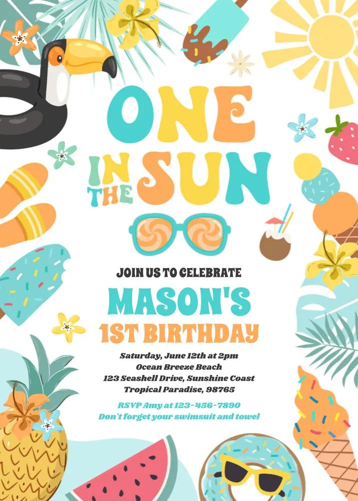 One In The Sun Tropical Beach 1st Birthday Invitation Canva Template