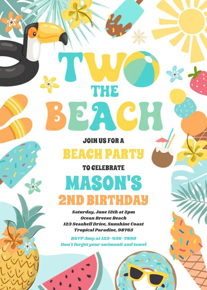 Two The Beach 2nd Birthday Invitation | Summer Beach Party Canva Template