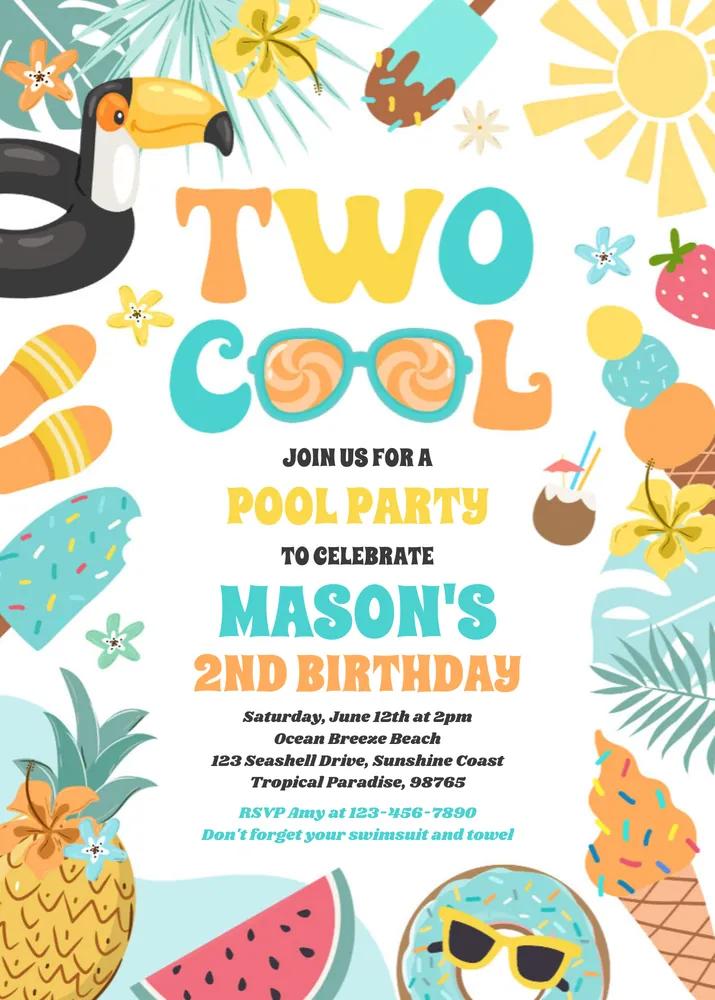 Two Cool Tropical Summer Beach 2nd Birthday Invitation Canva Template