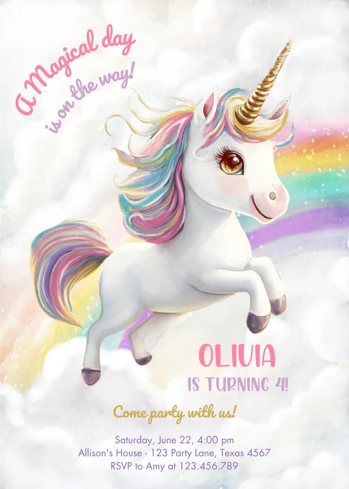 Magical Unicorn Birthday Invitation Template | Editable Rainbow Girl Pastel Canva