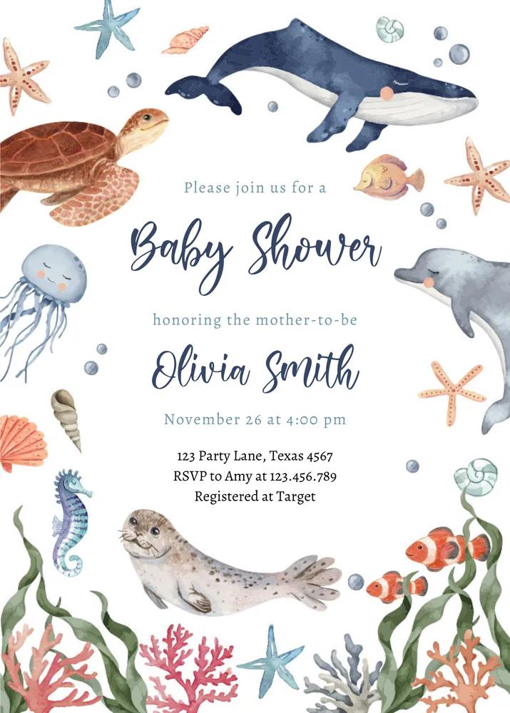 Under The Sea Nautical Sea Animals Baby Shower Invitation Canva Template