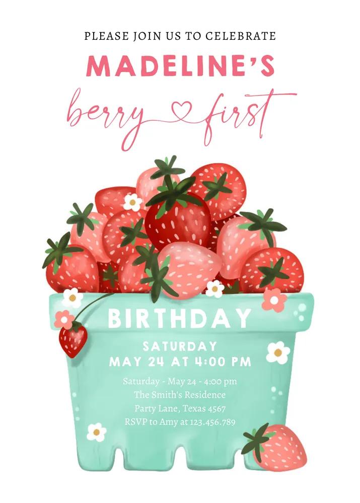 Berry Sweet Strawberry Farmers Market Birthday Invitation Canva Template