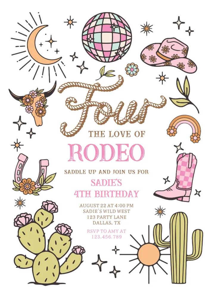 Four The Love Of Rodeo Disco Cowgirl 4th Birthday Invitation Canva Template