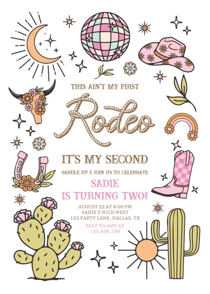 Editable Second Rodeo Disco Cowgirl 2nd Birthday Invitation Canva Template