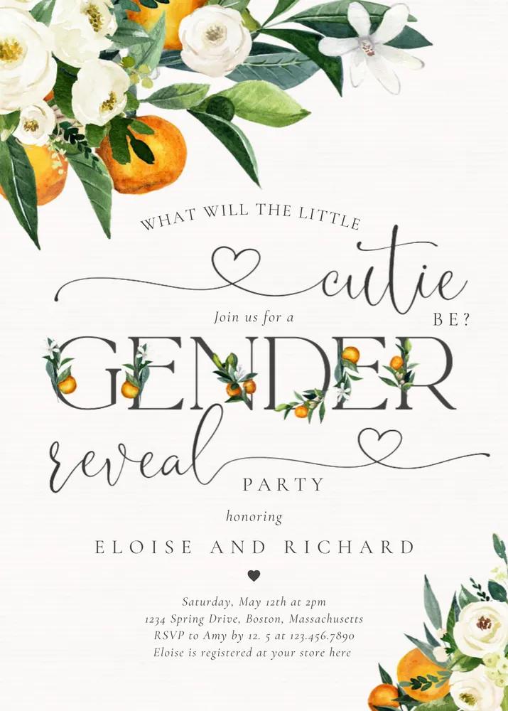 Little Cutie Citrus Orange Gender Reveal Invitation Canva Template