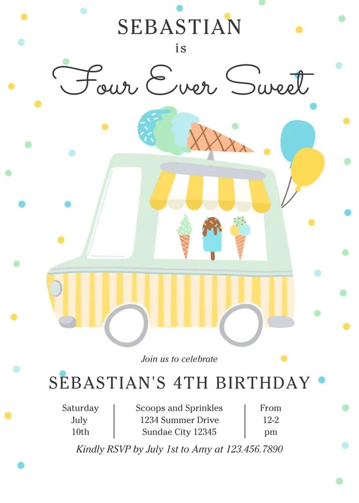 Ice Cream Truck 4th Birthday Invitation Canva Template - Four Ever Sweet Boy