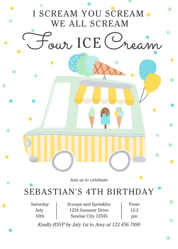 Editable 4th Birthday Invitation - We All Scream Four Ice Cream Canva Template