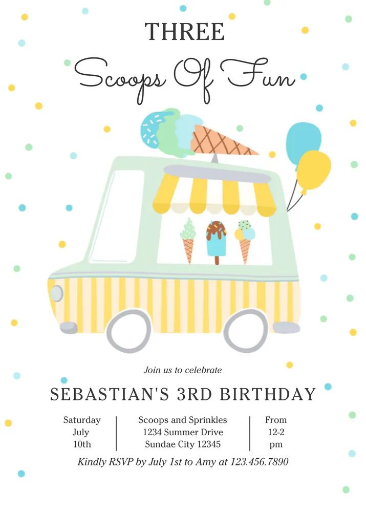 Ice Cream Truck 3rd Birthday Invitation Canva Template Three Scoops of Fun