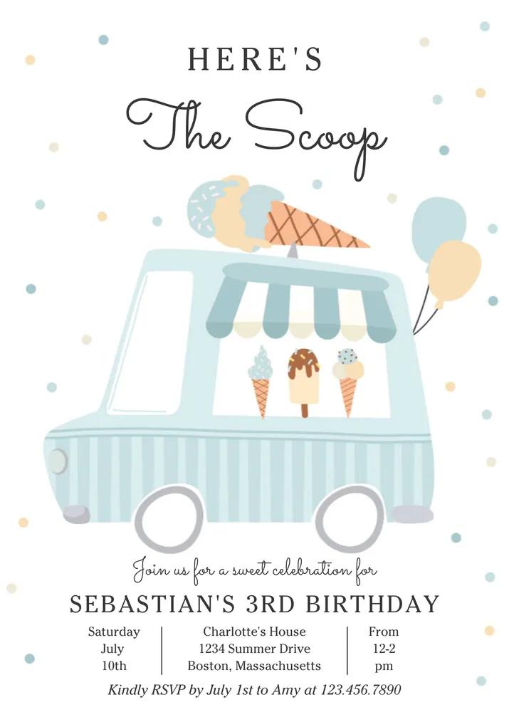 Blue Ice Cream Truck Birthday Invitation Canva Template - Heres The Scoop