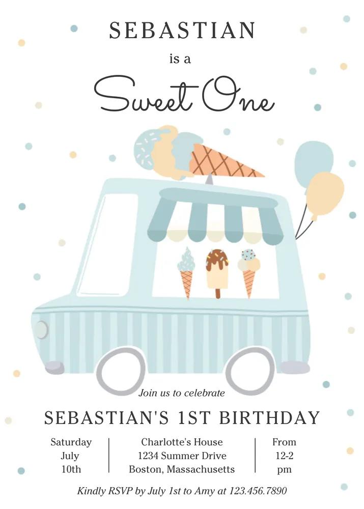 Blue Ice Cream Truck Sweet One 1st Birthday Invitation Canva Template