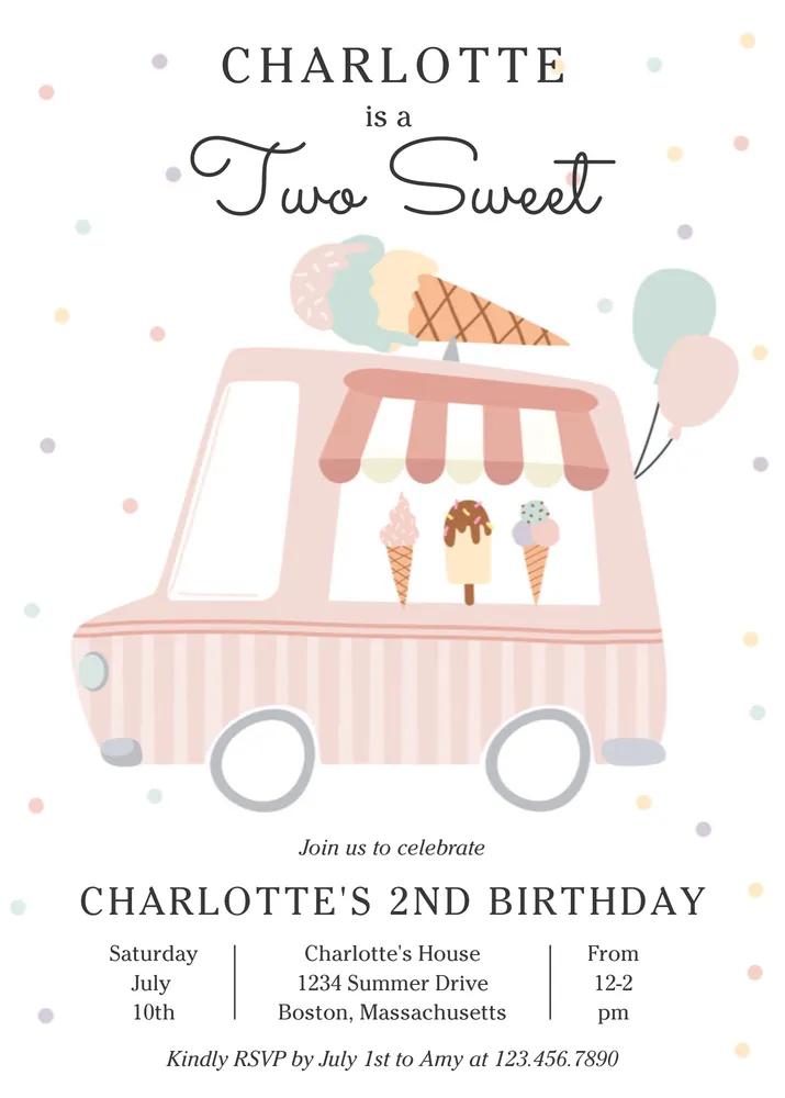 Pink Ice Cream Truck Two Sweet 2nd Birthday Invitation Canva Template