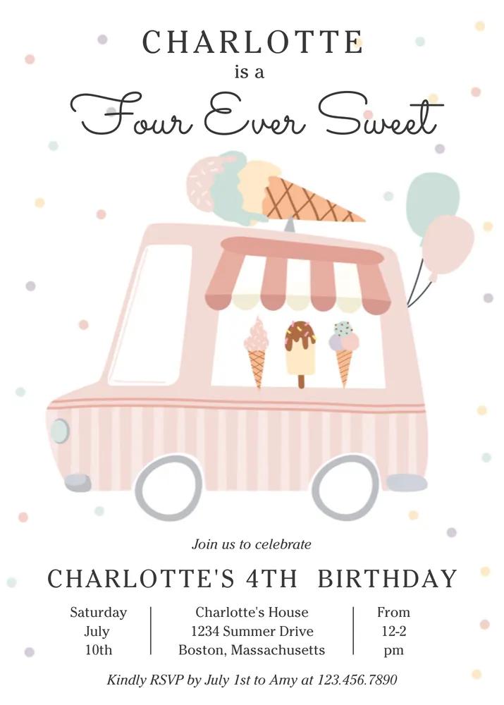 Pink Ice Cream Truck 4th Birthday Invitation Template - Four Ever Sweet