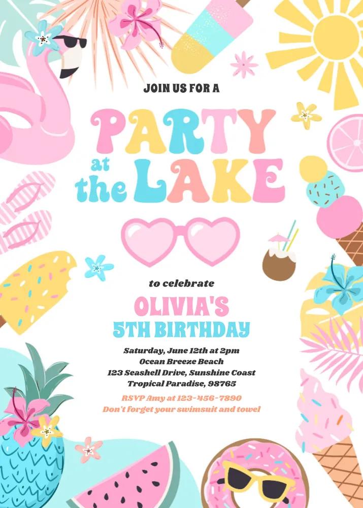 Editable Party At The Lake Summer BBQ Birthday Invitation Canva Template