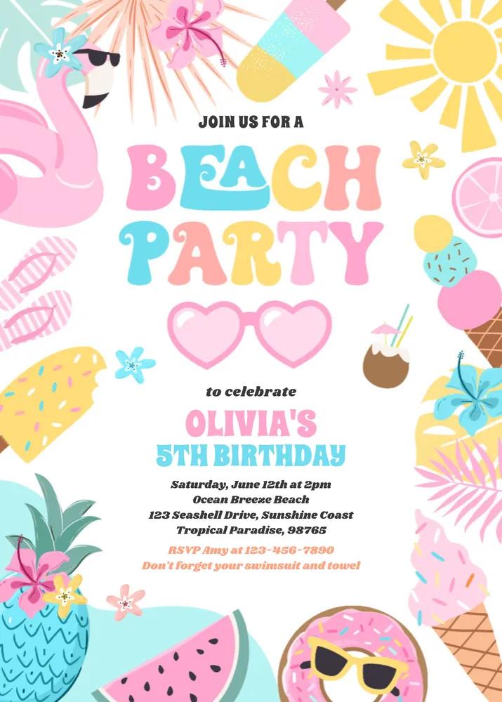 Tropical Beach Summer Birthday Invitation - Editable Canva Template