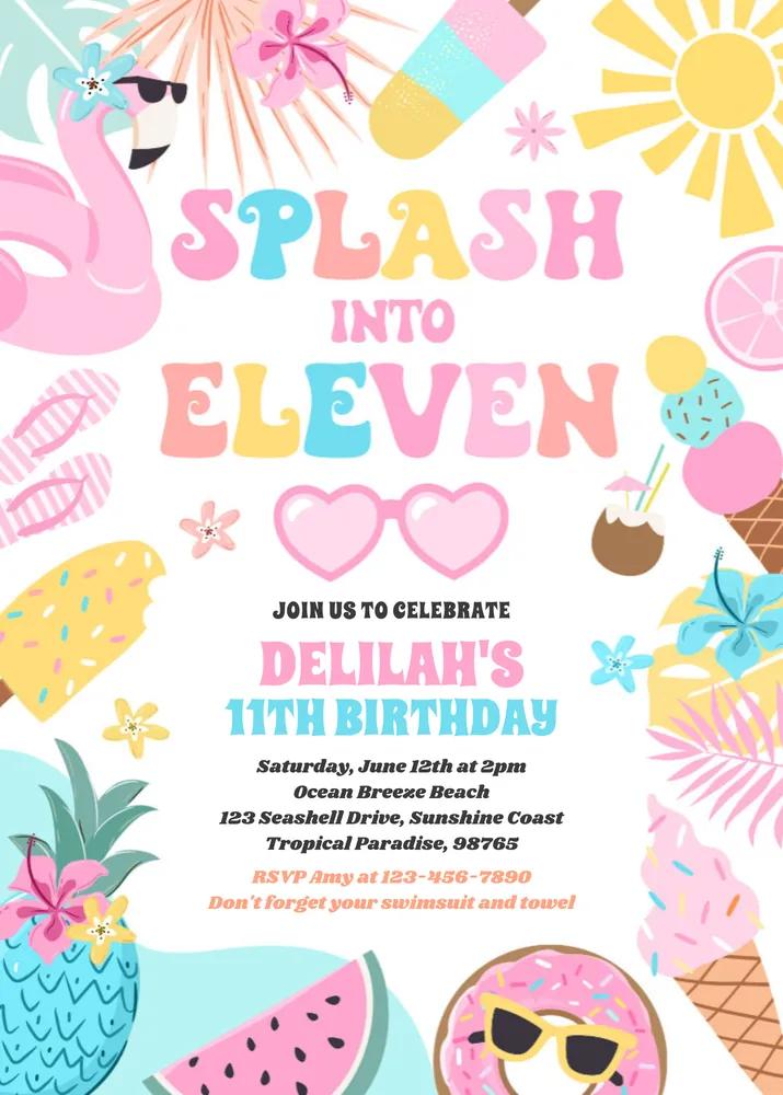 Tropical Beach 11th Birthday Invitation | Splash Into Eleven Canva Template
