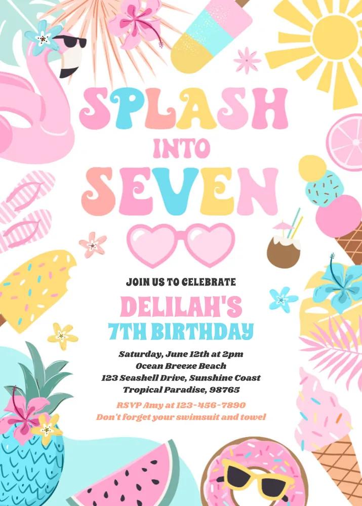 Splash Into Seven Tropical Beach 7th Birthday Invitation Canva Template