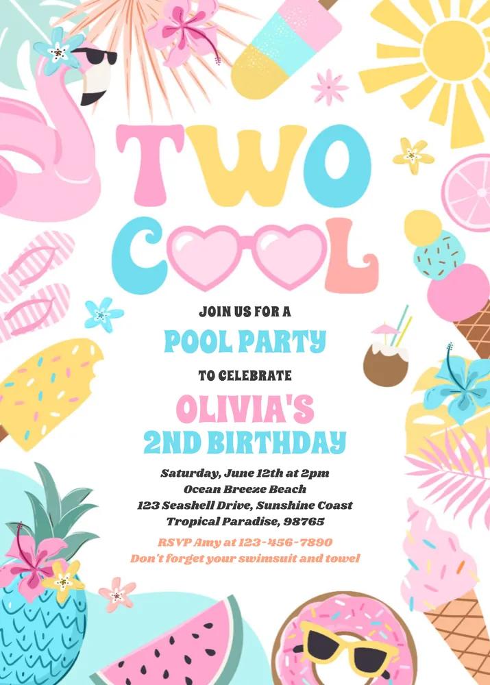Two Cool Tropical Summer Beach 2nd Birthday Invitation Canva Template