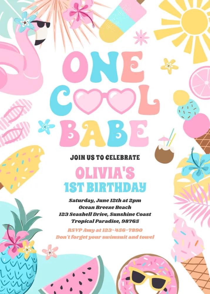 One Cool Babe Tropical Summer 1st Birthday Invitation Canva Template
