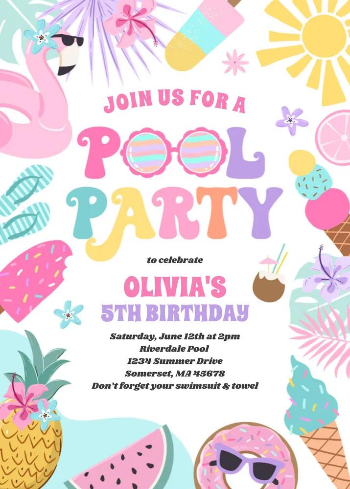 Editable Tropical Pool Party Invitation Template | Summer Birthday Canva DIY