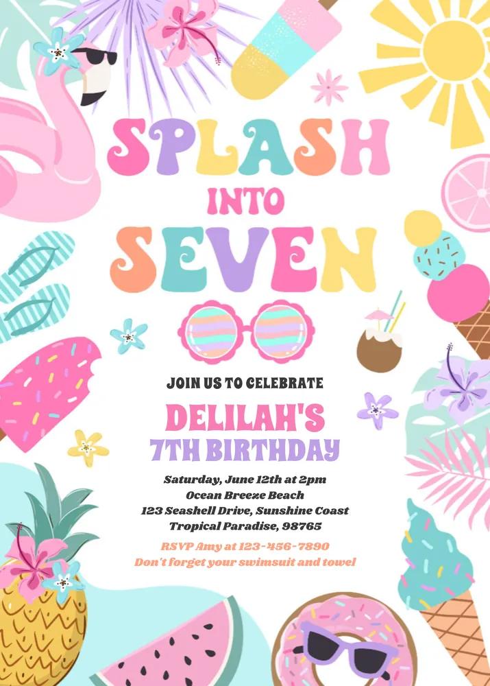 Tropical Splash 7th Birthday Invitation | Editable Canva Template Beach Party