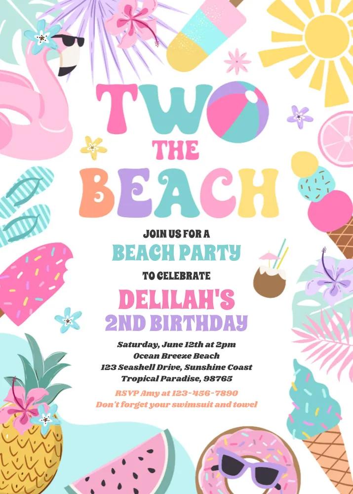 Two The Beach 2nd Birthday Invitation - Editable Canva Summer Beach Party Template