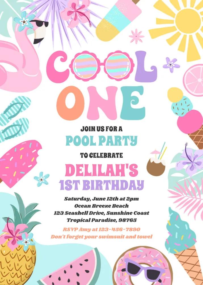 Cool One Tropical 1st Birthday Invitation | Editable Canva Template