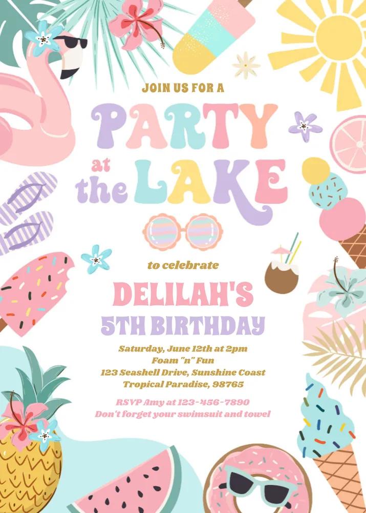 Party At The Lake Summer BBQ Birthday Invitation Editable Canva Template