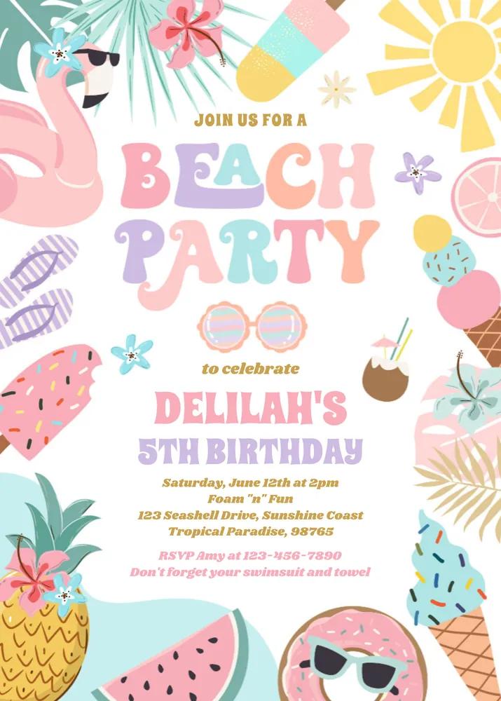 Tropical Beach Summer Birthday Party Invitation - Editable Canva Template