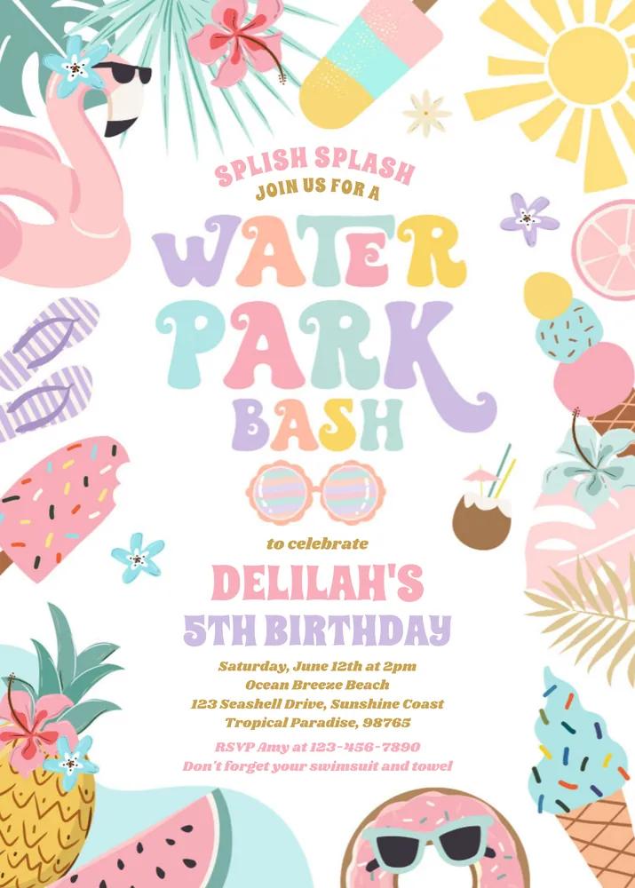 Tropical Water Park Birthday Invitation - Editable Canva Template