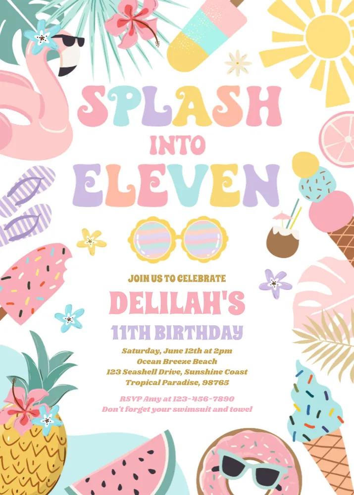 Splash Into Eleven Tropical Beach 11th Birthday Invitation Canva Template